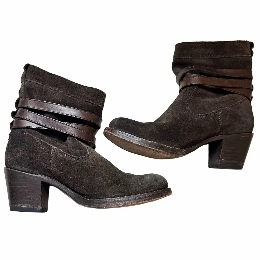 Frye Jane Strappy Oiled Suede Leather Heeled Short Boot Brown Women Size 5 1/2